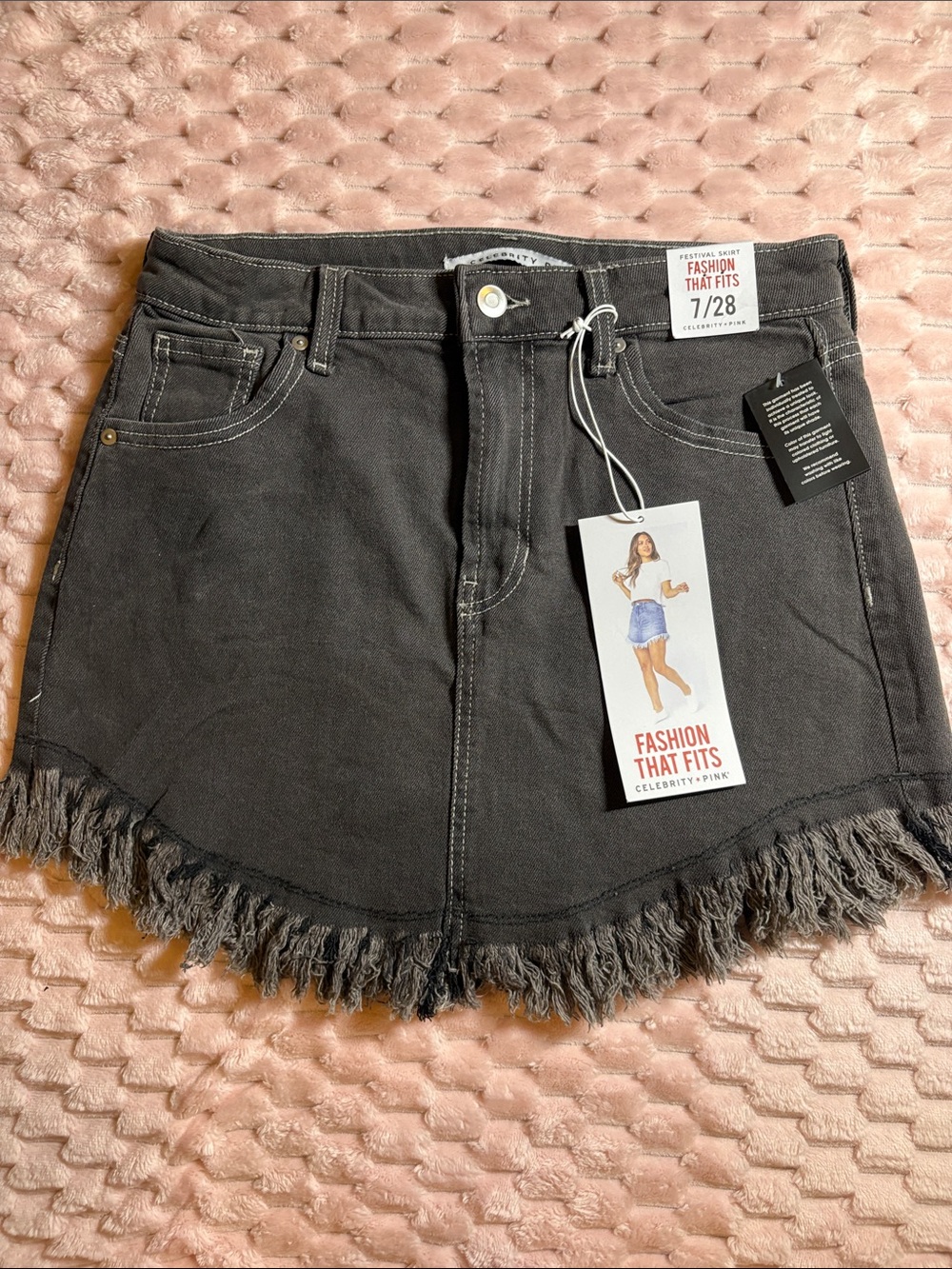 NWT Celebrity Pink Black Frayed Hem Denim Skirt